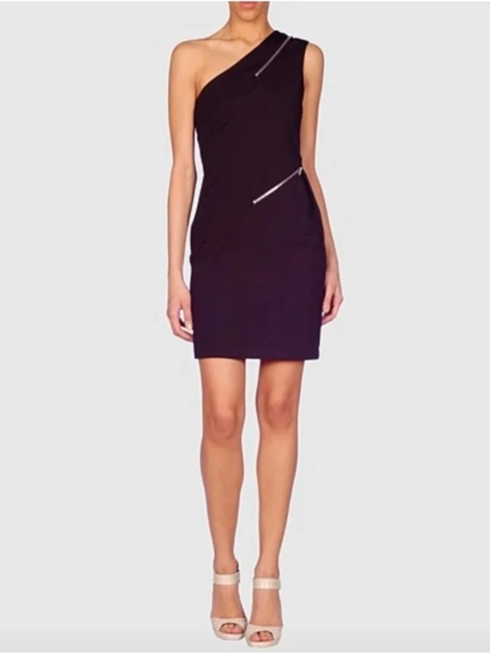 NWT Halston Heritage Black One Shoulder Zipper Detail Sheath Dress Size 2